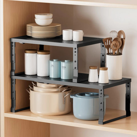 Metal Stackable Expandable Storage Shelf For Kitchen Cabinet Bathroom Office Garage Space Saving Multi Functional Home Organizer Freely Adjustable Durable Metal Rack Black Large 1 Pack with kitchenware