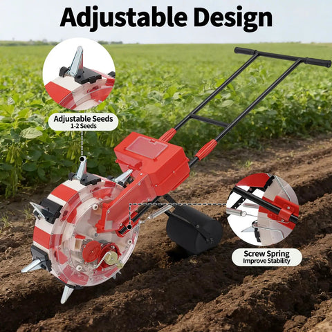 Manual Garden Seeder Hand Push Walk Behind Planter With 7 Nozzles in field showing adjustable design and seed dropping feature