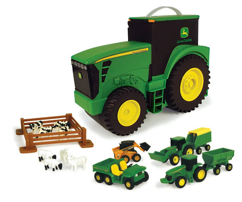 John Deere Tractor Toys Value Set With Portable Carrying Case For Kids, includes 18 die-cast vehicles and toy farm animals.
