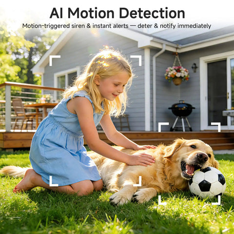 A girl in a blue dress plays with a dog on grass, demonstrating AI motion detection for outdoor wireless security camera with 600 lumen spotlight solar powered battery.