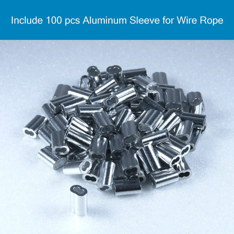 100 aluminum sleeves for 304 Stainless Steel Wire Rope 1/16 Inch X 328 Foot Spool with heavy duty hardware kit.