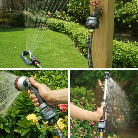 Plug And Play Digital Water Flow Meter For Faucets And Hoses, Real Time Water Use Monitor With Large LCD in garden setup