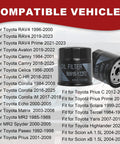 Image showing 12 Pack Oil Filter Kit With Drain Plug Washers For Toyota Vehicles with list of compatible Toyota models and years.