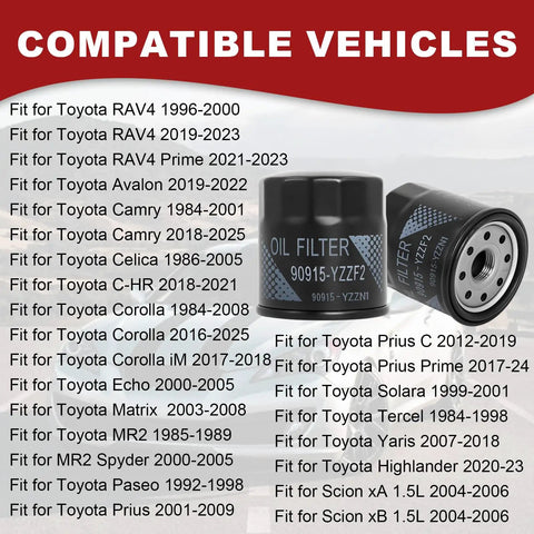 Image showing 12 Pack Oil Filter Kit With Drain Plug Washers For Toyota Vehicles with list of compatible Toyota models and years.