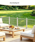 Badass 3Ft White Deck Railing Kit For Outdoor Porch Patio Balcony with aluminum posts and a view of a green lawn.