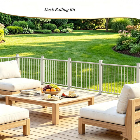 Badass 3Ft White Deck Railing Kit For Outdoor Porch Patio Balcony with aluminum posts and a view of a green lawn.