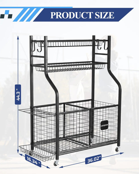 Heavy Duty Rolling Sports Equipment Organizer Rack With Wheels For Garage And Home Gym, 44.3 x 36.02 x 16.34 inches