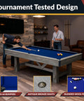 Two men playing on 7 Foot Pool Table Combo With Benches Table Tennis And Dining Tops Billiards Set Ping Pong Ready Built In Storage Complete Game Accessories Rustic Gray Barnwood Finish With Blue Felt for family fun and game night ready.