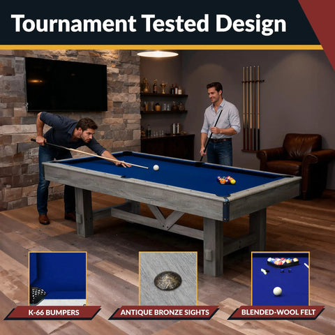 Two men playing on 7 Foot Pool Table Combo With Benches Table Tennis And Dining Tops Billiards Set Ping Pong Ready Built In Storage Complete Game Accessories Rustic Gray Barnwood Finish With Blue Felt for family fun and game night ready.