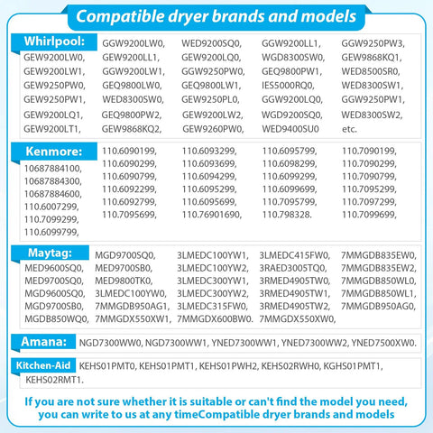 Chart showing compatible models for Four Piece Dryer Drum Roller Kit Replacement For Maytag Kenmore Whirlpool KitchenAid Dryers.
