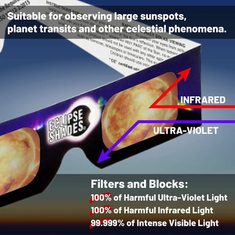 Close-up of Safe Solar Eclipse Glasses For Direct Sun Viewing CE And ISO Certified Made In USA 100 Pack With a Sharper Orange Sun Image