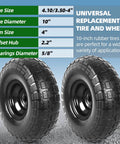 Two Pack 10 Inch Solid Rubber Tires and Wheels 4.10/3.50-4 Flat Free Replacement showing size and specifications on blue background