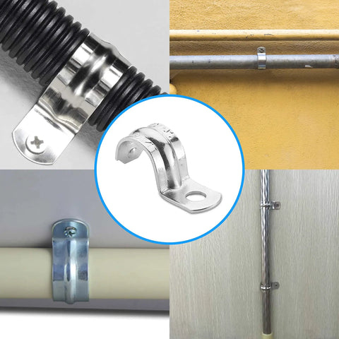 Beefy Heavy Duty Pipe Strap Half Inch Zinc Plated Steel EMT Conduit Clamps 100 Pack showing installation examples