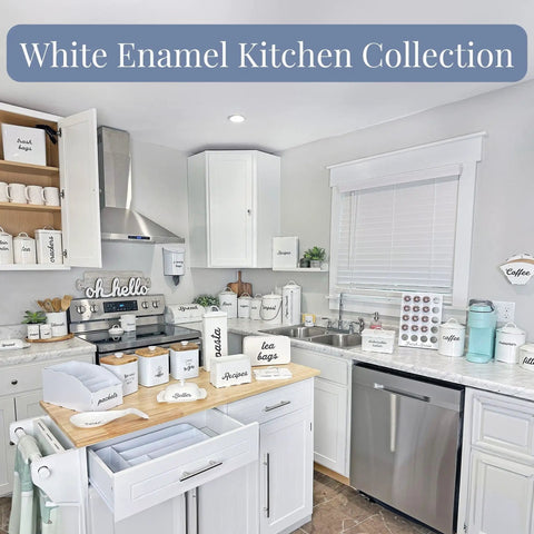 Enamelware Coffee Filter Holder Wall Mount Cone Shaped White Vintage Farmhouse Style Filter Storage Container With Distressed White Finish And Black Lettering For Classic Kitchen Organization
