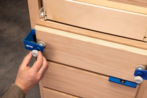 No Hassle Magnetic Setup And Spacer Shims For Pinpoint Drawer Alignment Durable Plastic Carpenter Blocks used on drawer for easy adjustment.