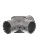 Brushed Aluminum Center Cross Brace Fitting links 1-5/8 vertical pipes to three 1-1/4 horizontal rails, displaying a robust design.