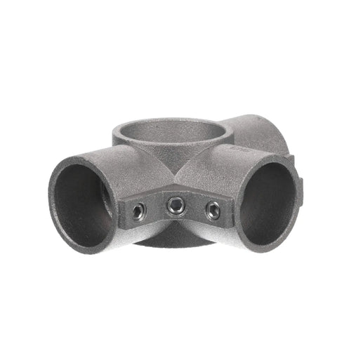 Brushed Aluminum Center Cross Brace Fitting links 1-5/8 vertical pipes to three 1-1/4 horizontal rails, displaying a robust design.