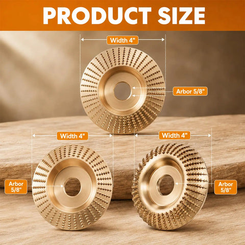 Badass Tungsten Carbide Angle Grinder Wood Carving And Sanding Disc Set Quick Slice Blade Kit showing three 4" discs with 5/8" arbor.