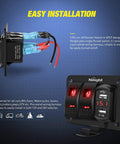 2 Gang Rocker Switch Panel With Red Backlight, 4.8 Amp Dual USB Charger, Voltmeter, Waterproof 12V 24V DC, wires shown