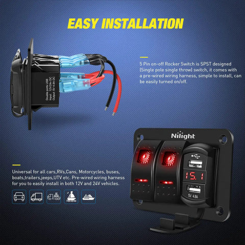 2 Gang Rocker Switch Panel With Red Backlight, 4.8 Amp Dual USB Charger, Voltmeter, Waterproof 12V 24V DC, wires shown