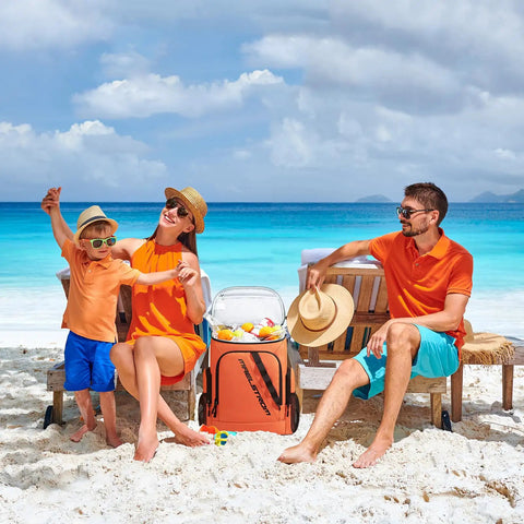 Family at beach with Insulated Cooler Backpack For 36 Cans Keeps Drinks Cold Up To 16 Hours Soft Ice Chest Bag Leakproof
