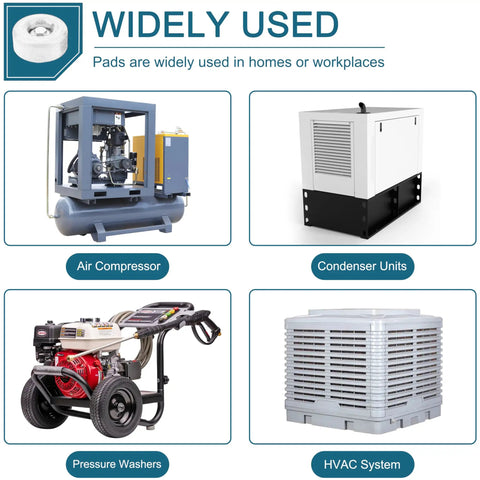 Infographic showing machines using Heavy Duty Rubber Foot Pads 2 Pack for Generators, Pressure Washers, Air Compressors, and Pumps