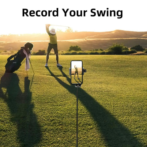 Golf Monopod Selfie Stick With Phone Holder For Swing Training Aid on a golf course capturing a player's swing.