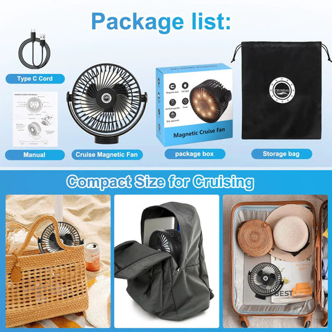 2-Pack Magnetic Cruise Fan With 12000mAh Rechargeable Battery, LED Light, Timer, And Power Bank Output package contents