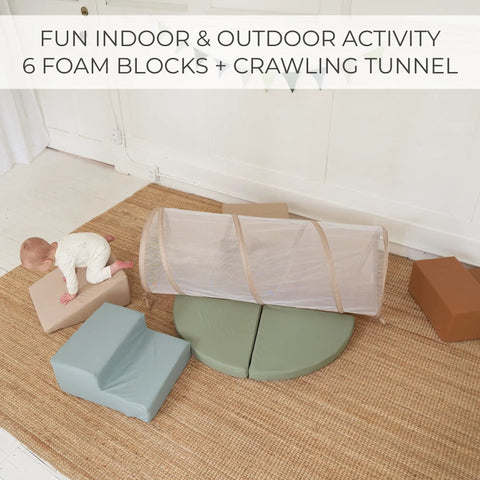Toddler Tested Indoor Play Arena Featuring Super Soft Foam Climb Blocks Reconfigurable Crawl Tunnel Triangles And Steps with colorful foam shapes.