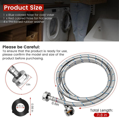 6 Foot Stainless Steel Washing Machine Hose 2 Pack Burst Proof Braided Hoses For Hot And Cold Water Supply, diagram showing size.