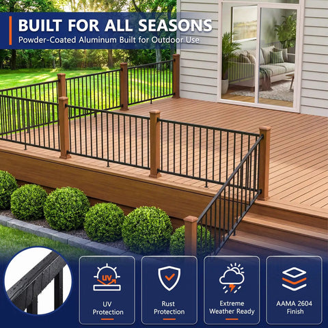 Top Shelf Aluminum Stair Railing Kit For Outdoor Decks And Porches Thirty Six By Seventy Two Inch modular handrail set on deck.