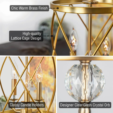 Eleanor 27 Inch Traditional 3 Light Cylinder Pendant Chandelier with Antique White Finish, Lattice Cage, and Crystal Orb Accents.