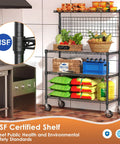 Workhorse Kitchen Bakers Rack With Wheels And Storage, 4 Tier Microwave Stand And Utility Cart, NSF Certified, black metal shelving in kitchen