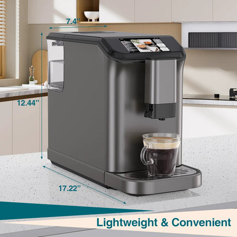 Fully Automatic Espresso Machine Featuring A Built In Grinder Dual Boiler Heating Premium Milk Frother and Smart Touch Panel in Gunmetal with Coffee