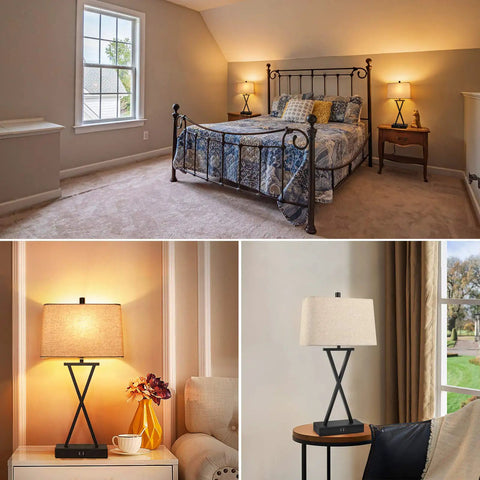 Set Of 2 Touch Control 3-Way Dimmable Table Lamps With USB Ports And Fabric Shade, Cream Finish, in bedroom setting