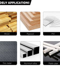 Infographic showing six hole saw material applications: wood, plywood, PVC, thin metal, aluminum alloy, plastic pipe.