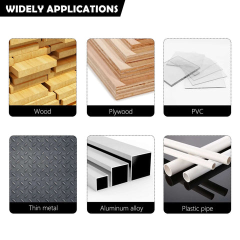Infographic showing six hole saw material applications: wood, plywood, PVC, thin metal, aluminum alloy, plastic pipe.