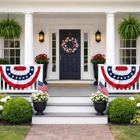 Front porch with 3x6 Ft Pleated American Bunting Flags Outdoor Set For 4th Of July And 250th Anniversary, USA Patriotic Banner Decor displayed