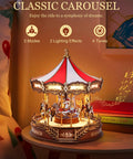 Wooden 3D Puzzle Carousel Music Box Kit With Lights For Adults, showing illuminated classic design on a shelf.