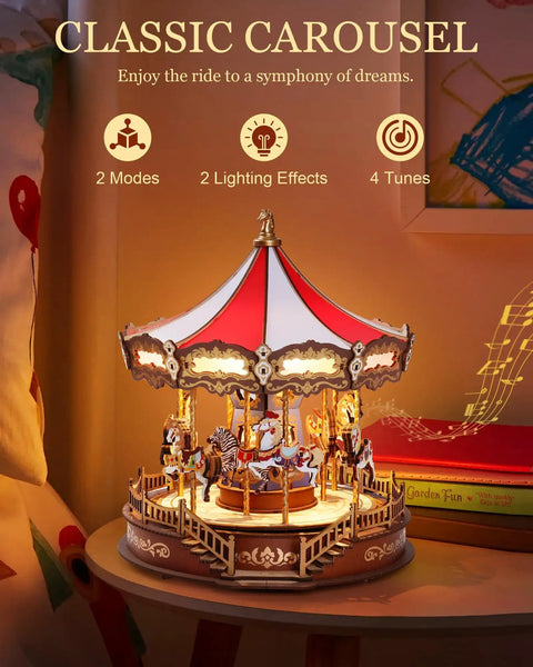 Wooden 3D Puzzle Carousel Music Box Kit With Lights For Adults, showing illuminated classic design on a shelf.