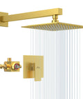 Brushed Gold Three Way Shower Set With Valve 8 Inch Square Shower Head Single Handle Trim Kit Extra Long 16 Inch Shower Arm