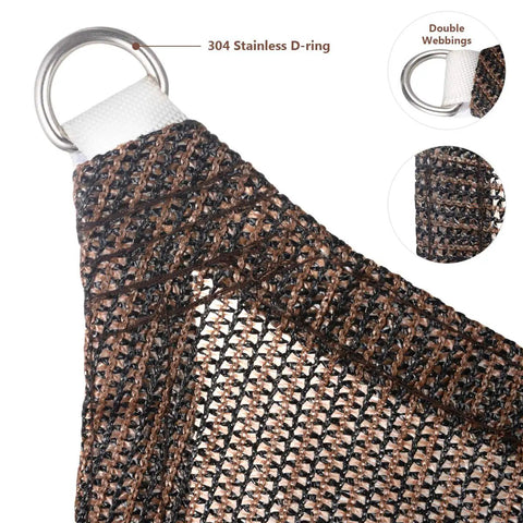 Close-up of brown sun shade sail 6 foot by 8 foot outdoor canopy with 304 stainless D-ring and industrial cross weaving.