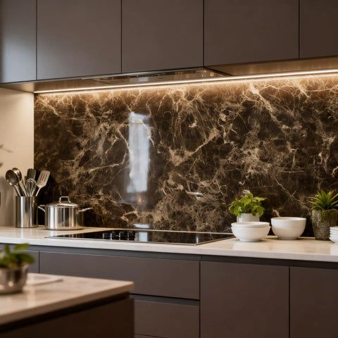 Modern kitchen with Brown Marble Peel And Stick Contact Paper for Countertops and Backsplash, Easy Peel And Stick Self Adhesive Vinyl Wallpaper.