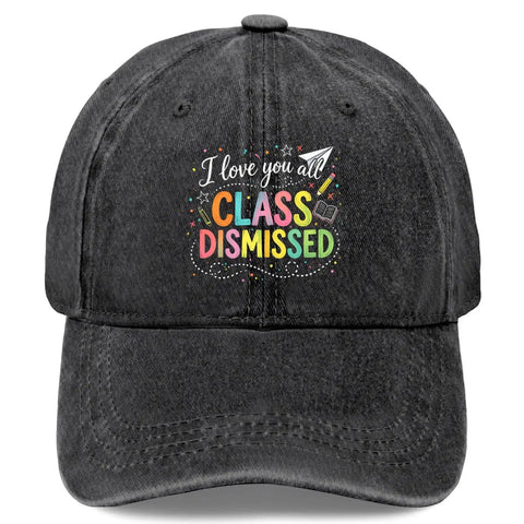 Washed Distressed Low Profile Baseball Cap For Men, Adjustable Buckle Strap, 'Class Dismissed' embroidered, front view.