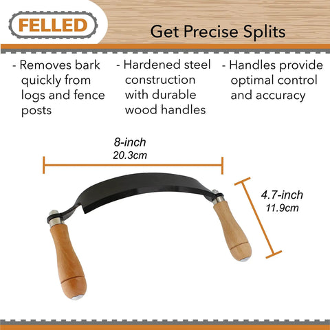Heavy Duty Eight Inch Curved Draw Shave Tool Hog Out Logs And Peel Bark Fast Durable Carbon Steel Edge with wood handles.