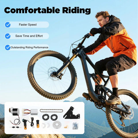 Person on mountain bike with 350W 36V E Bike Conversion Kit Twist Style Waterproof For Common Bike Fits Most Bicycle Wheels Sprocket Mounts On Spokes Battery And Charger Not Included Ready To Boost Your Ride components displayed
