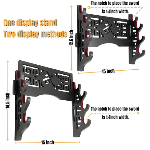 Sword Wall Mount Katana Holder Display Stand Dope Gift For Full Tang Katana Japanese Sword Tai Chi Sword Lightsaber And Long Sword With Red Velvet Felt Pad To Protect Scabbard And Prevent Scratches showing dimensions and dual display methods.
