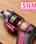 Cutaway view of a 4V Cordless USB Rechargeable Screwdriver Kit with 29 bits, showing 5Nm torque mechanism inside, pink design