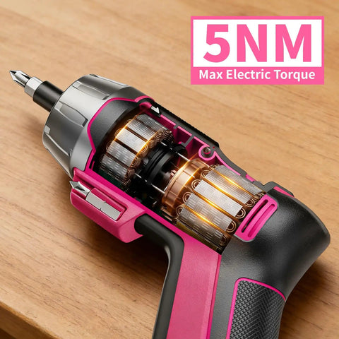 Cutaway view of a 4V Cordless USB Rechargeable Screwdriver Kit with 29 bits, showing 5Nm torque mechanism inside, pink design