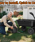 Man installing Flat Free 16 Inch Wheelbarrow Tire And Wheel Set Built Tough No Flats Solid Puncture Proof Tire on garden cart